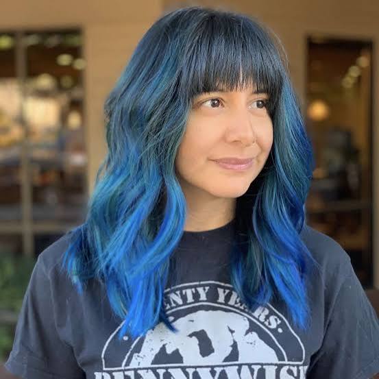 Shoulder Length Blue Ombré With Full Bangs — Trendy Blue Hair Color