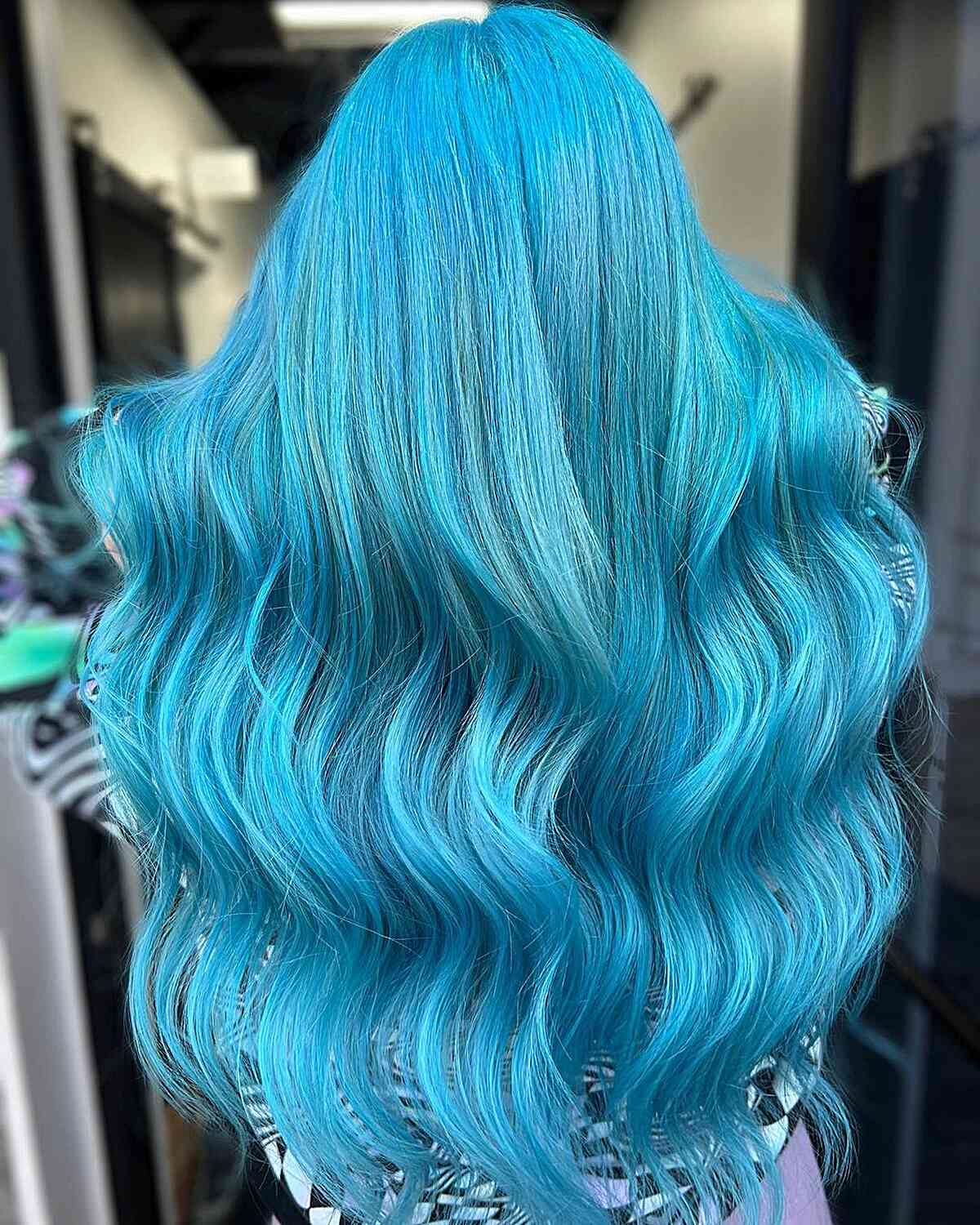 Mid-Back Length Bright Turquoise Balayage — Trendy Blue Hair Color