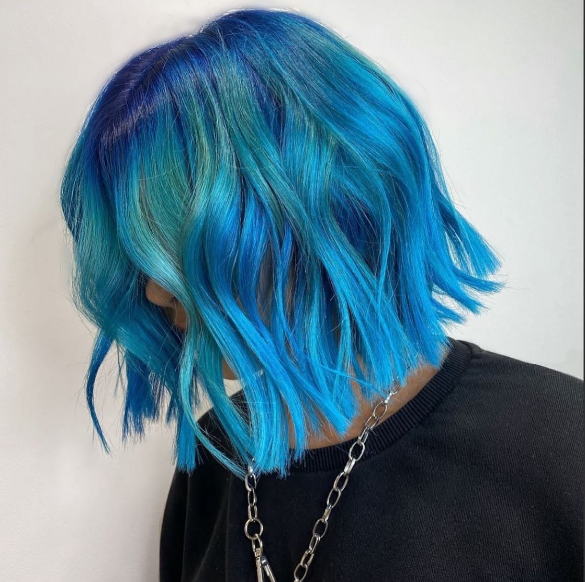 Chin Length Multi-Tonal Blue Bob — Trendy Blue Hair Color