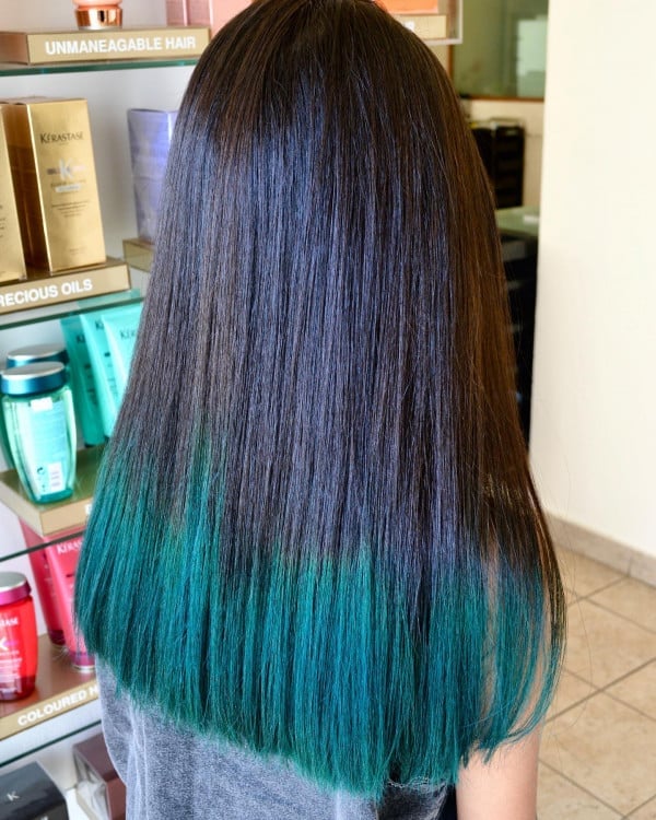 Mid-Back Dark Base With Emerald Green Dip-Dye — Trendy Blue Hair Color