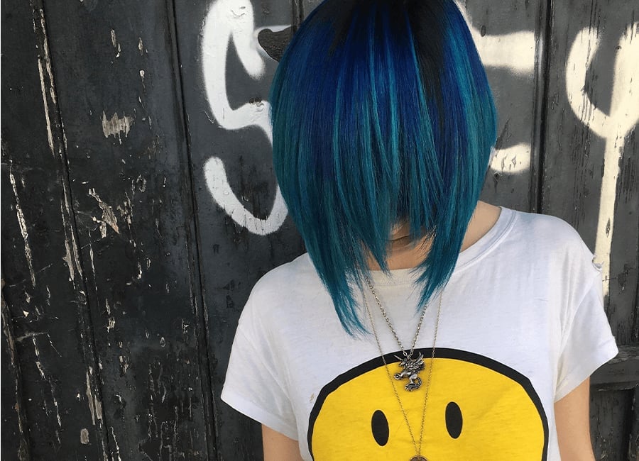 Collarbone Bob Vivid Blue With Teal Highlights — Trendy Blue Hair Color