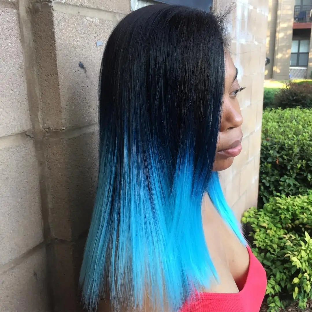 Mid-Back Black to Bright Blue Ombre — Trendy Blue Hair Color