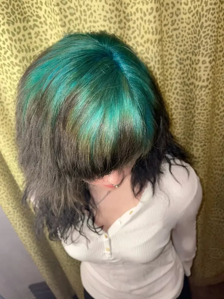 Collarbone Shag Teal Roots To Grey Black — Trendy Blue Hair Color