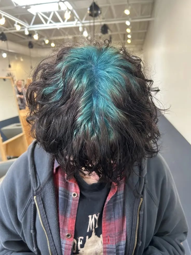 Collarbone Shag Teal Roots With Dark Base — Trendy Blue Hair Color
