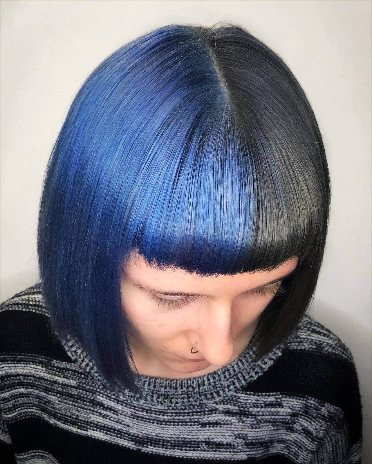 Chin Length Split Dye Blue And Black Bob — Trendy Blue Hair Color
