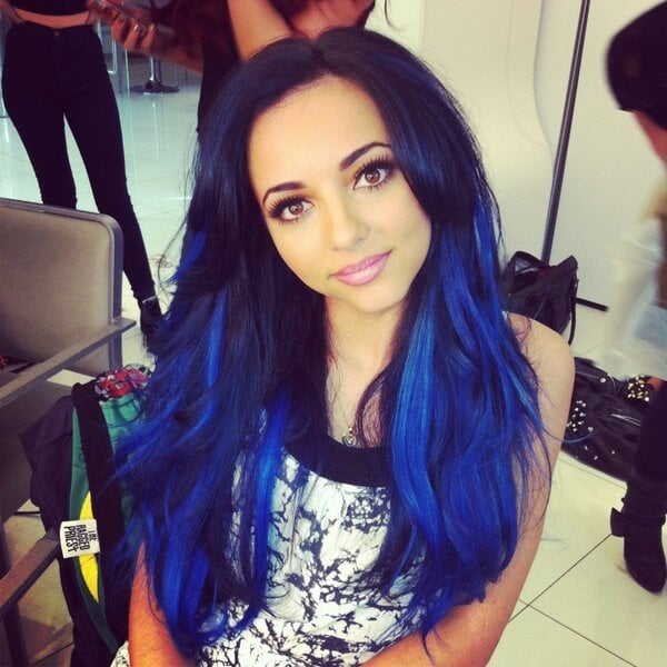 Mid-Back Dark Base With Bright Blue Highlights — Trendy Blue Hair Color