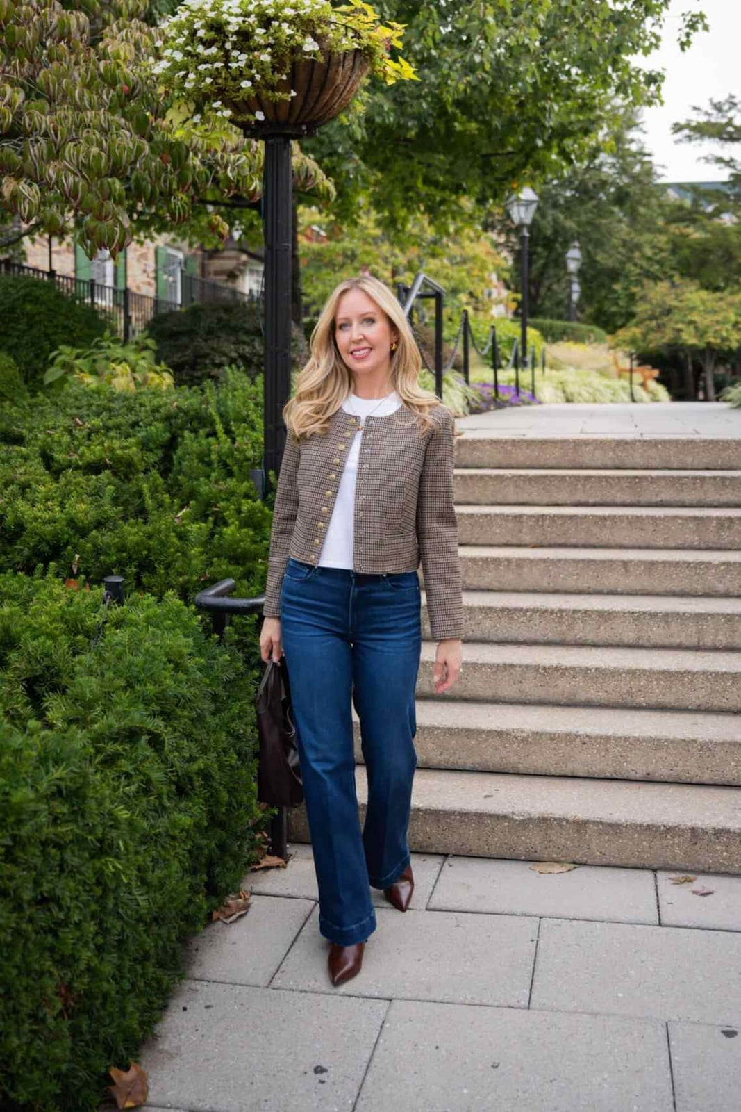 Tweed Jacket and Pointed Heels with Flared Jeans Tweed Jacket and Pointed Heels with Flared Jeans — Trendy Blue Jeans Outfits