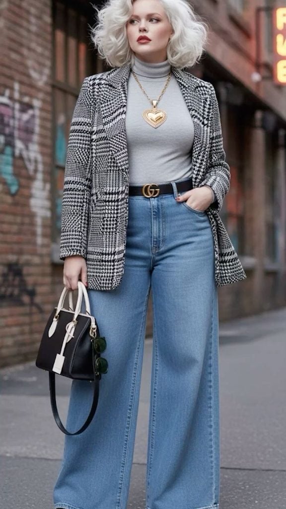 Grey Turtleneck and Patterned Blazer with Wide, Office-Safe Version Grey Turtleneck and Patterned Blazer with Wide, Office-Safe Version — Trendy Blue Jeans Outfits