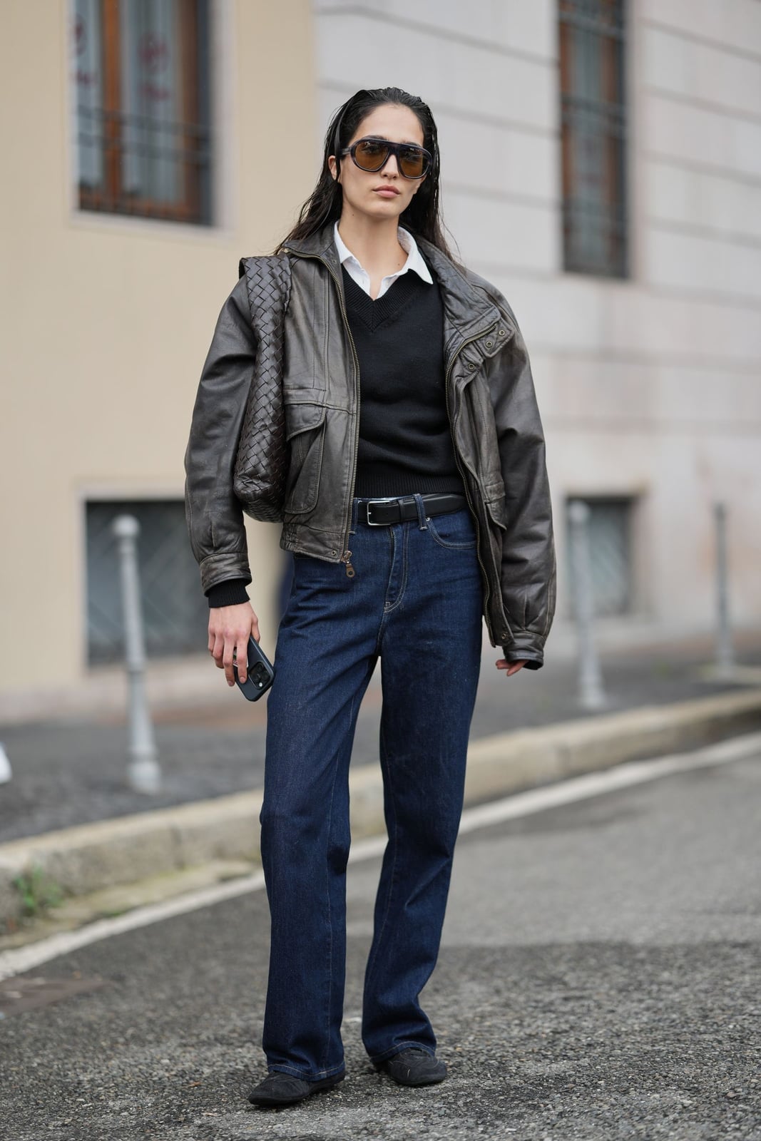 Leather Bomber Jacket and Loafers with Straight Leg Jeans Leather Bomber Jacket and Loafers with Straight Leg Jeans — Trendy Blue Jeans Outfits