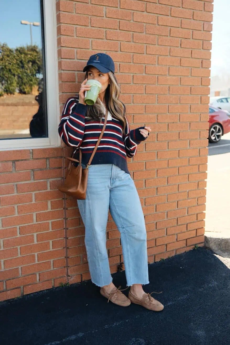 Striped Sweater and Baseball Cap with Wide Leg Jeans Striped Sweater and Baseball Cap with Wide Leg Jeans — Trendy Blue Jeans Outfits