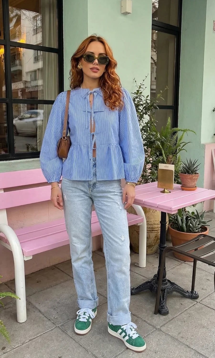 Striped Tie-Front Blouse and Green Sneakers with Jeans Striped Tie-Front Blouse and Green Sneakers with Jeans — Trendy Blue Jeans Outfits