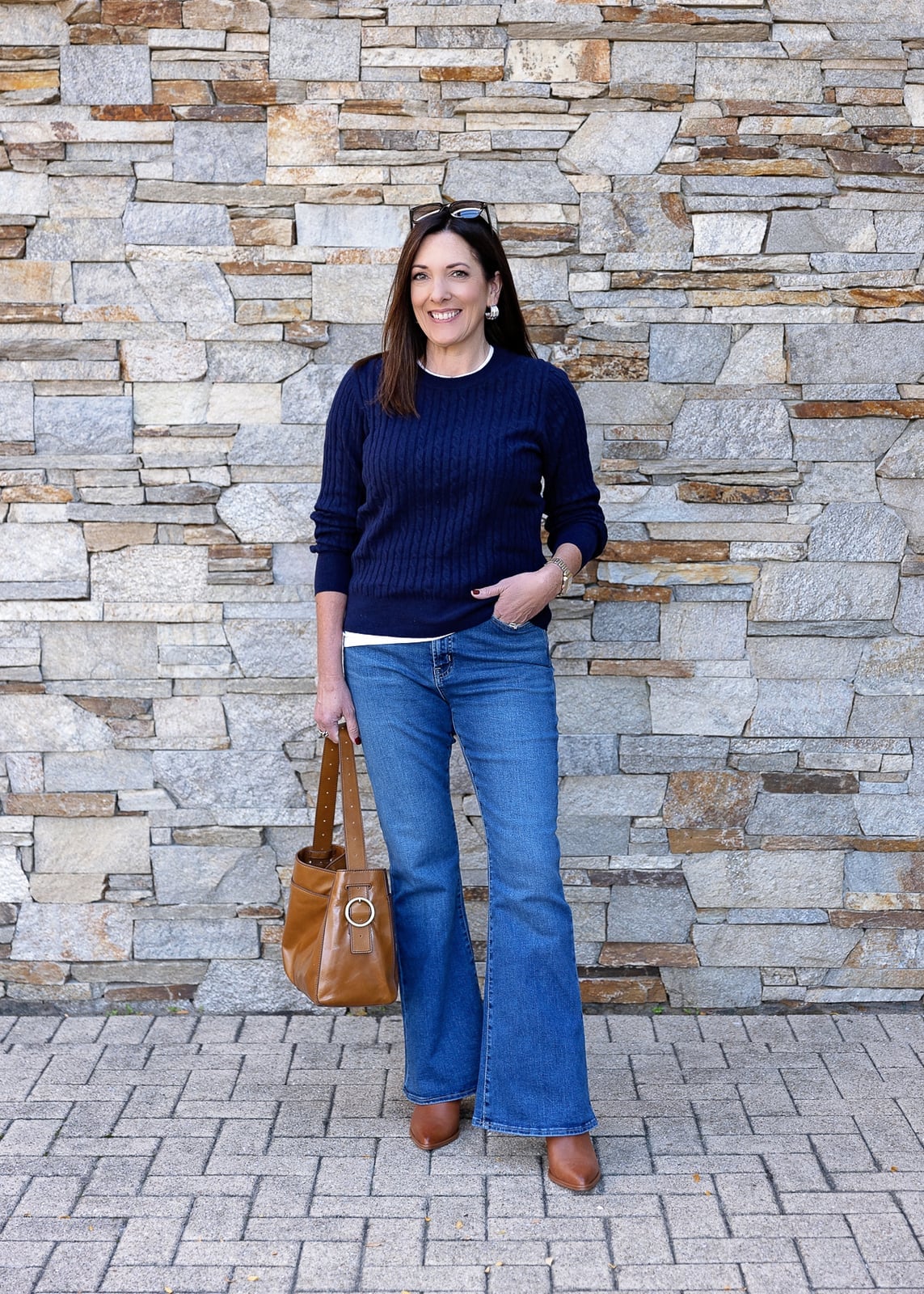Cable Knit Sweater and Brown Boots with Flare Jeans Cable Knit Sweater and Brown Boots with Flare Jeans — Trendy Blue Jeans Outfits