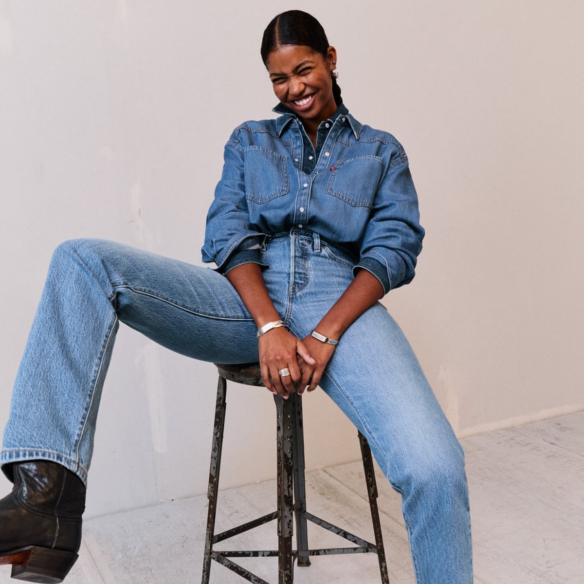 Denim Shirt and Black Cowboy Boots with Baggy, Office-Safe Version Denim Shirt and Black Cowboy Boots with Baggy, Office-Safe Version — Trendy Blue Jeans Outfits