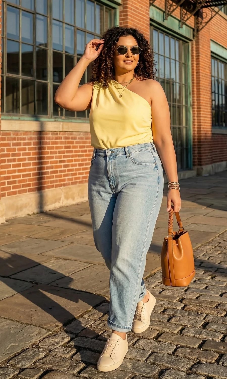 Yellow One-Shoulder Top and White Sneakers with Jeans Yellow One-Shoulder Top and White Sneakers with Jeans — Trendy Blue Jeans Outfits