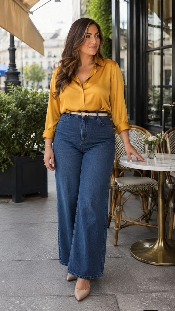 Mustard Satin Blouse and Nude Heels with Dark, Office-Safe Version Mustard Satin Blouse and Nude Heels with Dark, Office-Safe Version — Trendy Blue Jeans Outfits