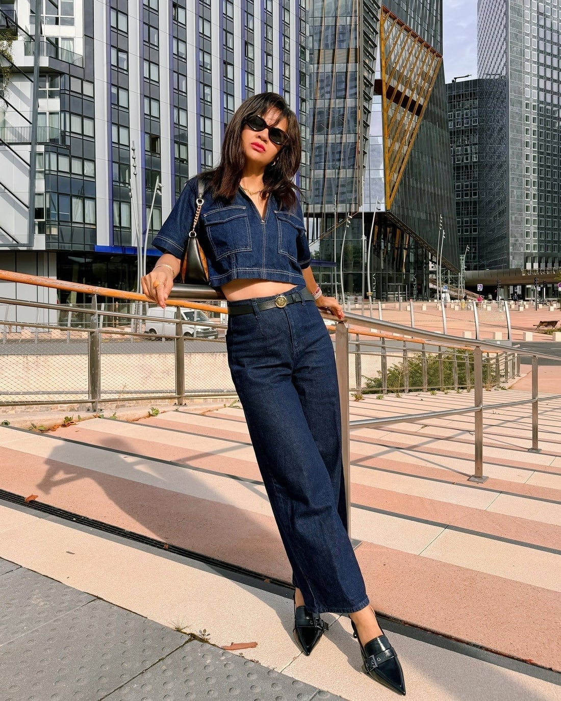 Denim Matching Set with Black Mules Denim Matching Set with Black Mules — Trendy Blue Jeans Outfits