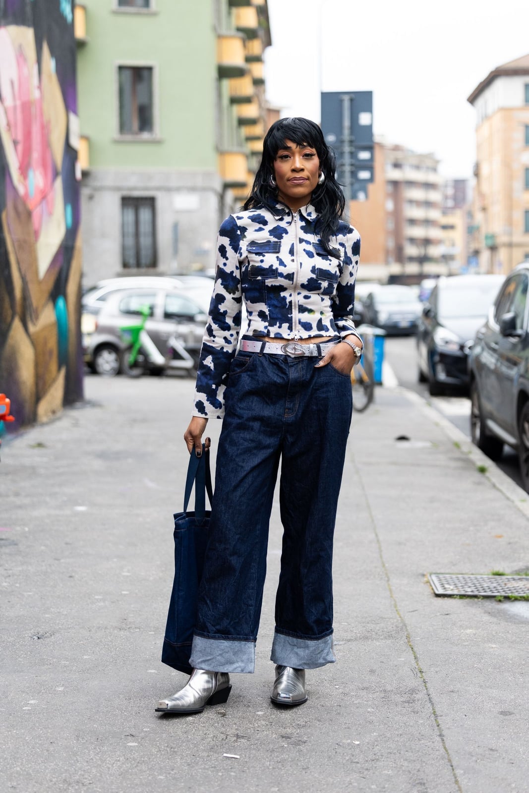 Cow Print Jacket and Silver Boots with Cuffed Jeans Cow Print Jacket and Silver Boots with Cuffed Jeans — Trendy Blue Jeans Outfits