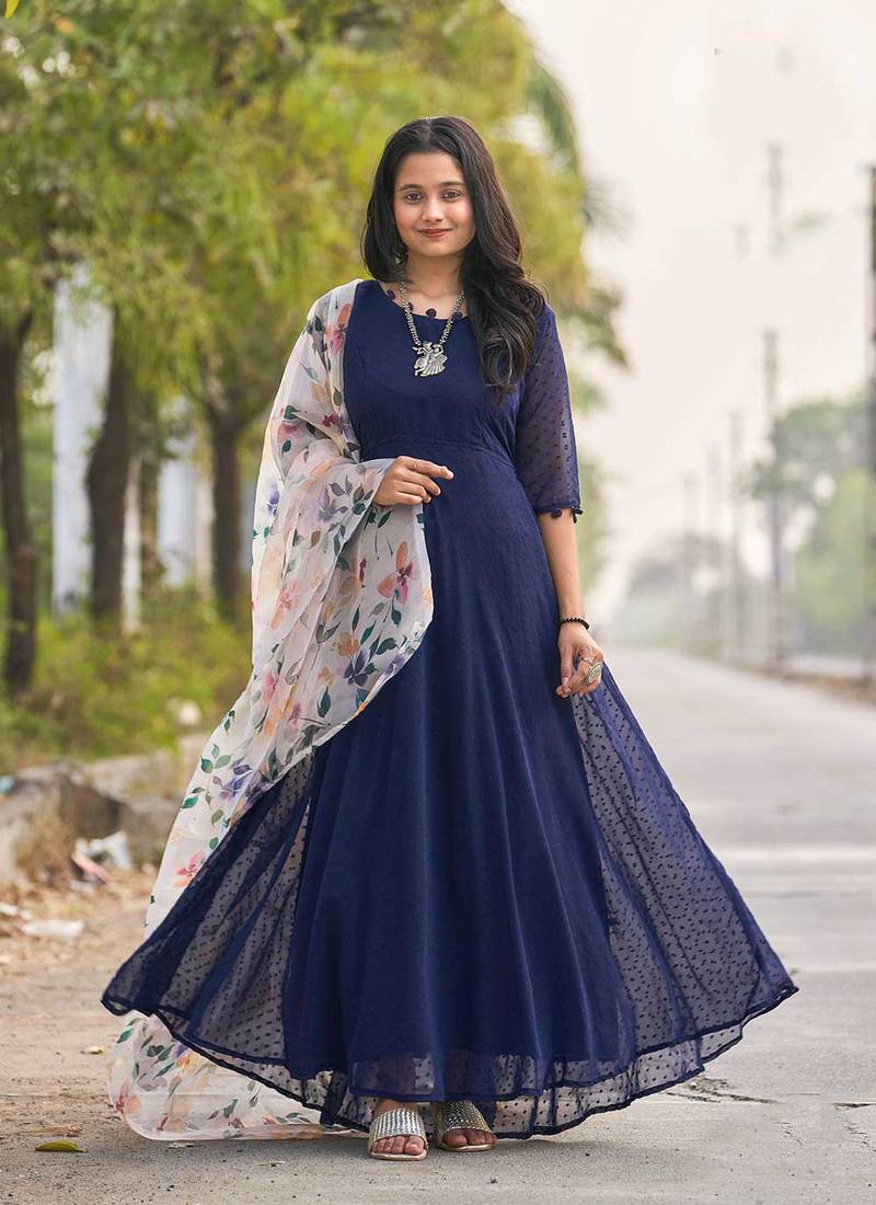 Deep Blue Anarkali Dress With Printed Dupatta Deep Blue Anarkali Dress With Printed Dupatta — Trendy Blue Outfits