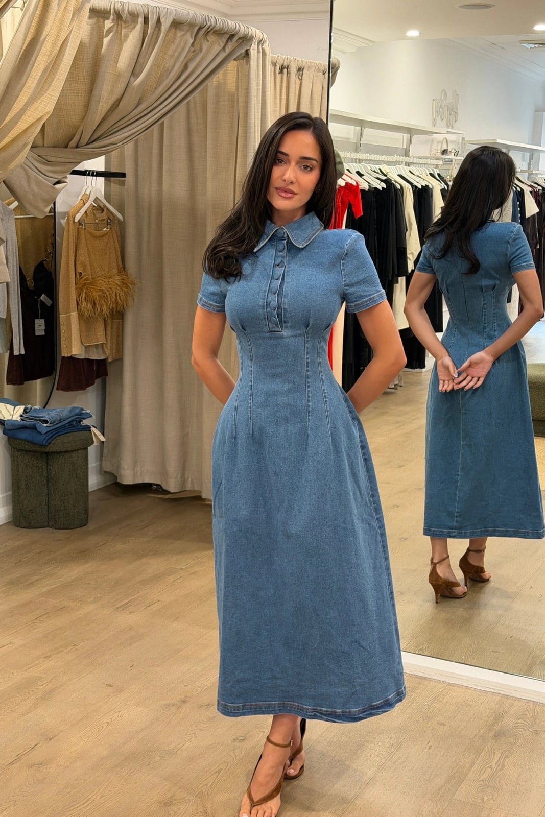 Medium Blue Denim Midi Dress With Strappy Sandals Medium Blue Denim Midi Dress With Strappy Sandals — Trendy Blue Outfits