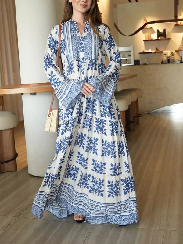 Blue And White Printed Tiered Maxi Dress Blue And White Printed Tiered Maxi Dress — Trendy Blue Outfits