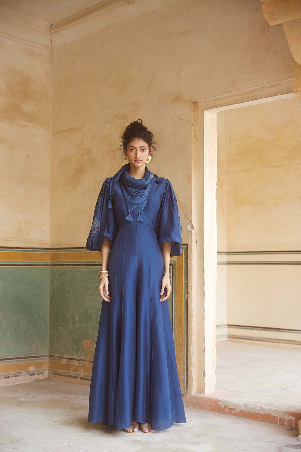 Deep Blue Silk Jumpsuit With Scarf Deep Blue Silk Jumpsuit With Scarf — Trendy Blue Outfits