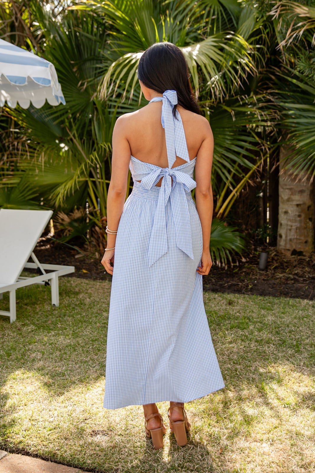 Light Blue Gingham Halter Dress With Bow Tie Back Light Blue Gingham Halter Dress With Bow Tie Back — Trendy Blue Outfits