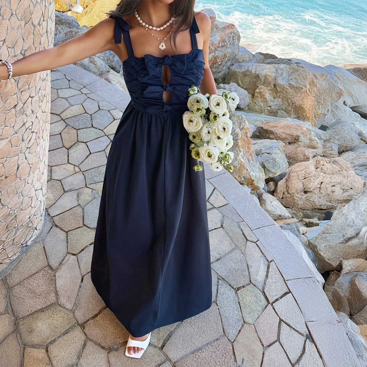 Dark Navy Blue Midi Dress With Bow Cut-Outs Dark Navy Blue Midi Dress With Bow Cut-Outs — Trendy Blue Outfits