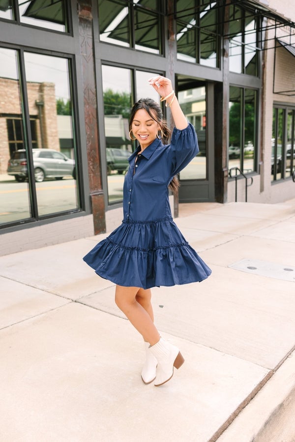 Navy Blue Tiered Babydoll Dress With Ankle Boots Navy Blue Tiered Babydoll Dress With Ankle Boots — Trendy Blue Outfits