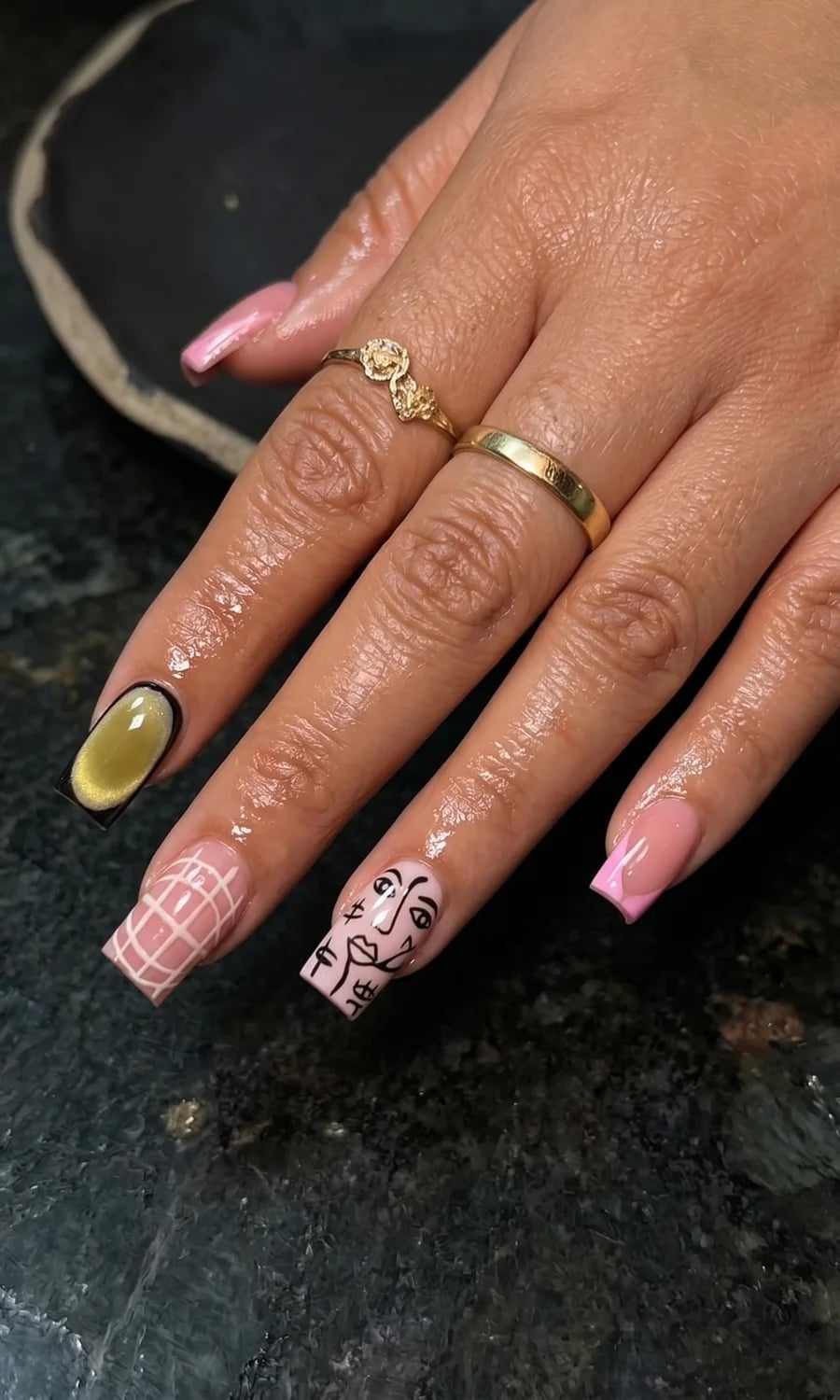 Medium Square Pink Abstract Face French Tips Medium Square Pink Abstract Face French Tips — Trendy Boho Nails
