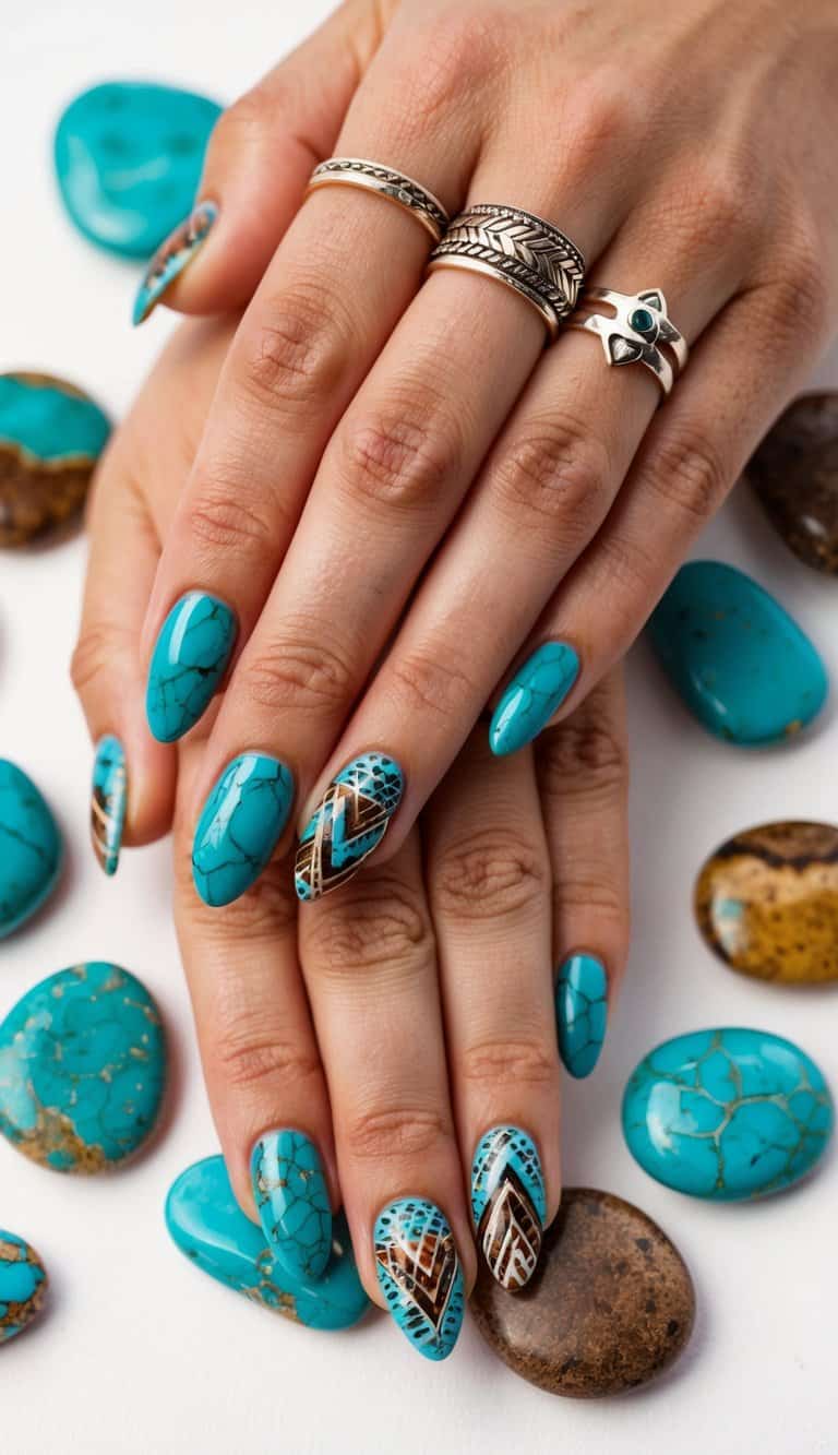 Medium Almond Turquoise Geometric Tribal Nails Medium Almond Turquoise Geometric Tribal Nails — Trendy Boho Nails
