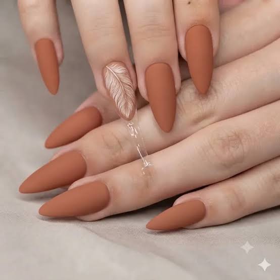 Medium Almond Matte Terracotta Feather Nail Medium Almond Matte Terracotta Feather Nail — Trendy Boho Nails