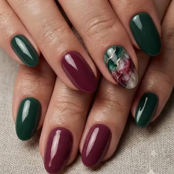 Medium Almond Plum Green Floral Marble Medium Almond Plum Green Floral Marble — Trendy Boho Nails