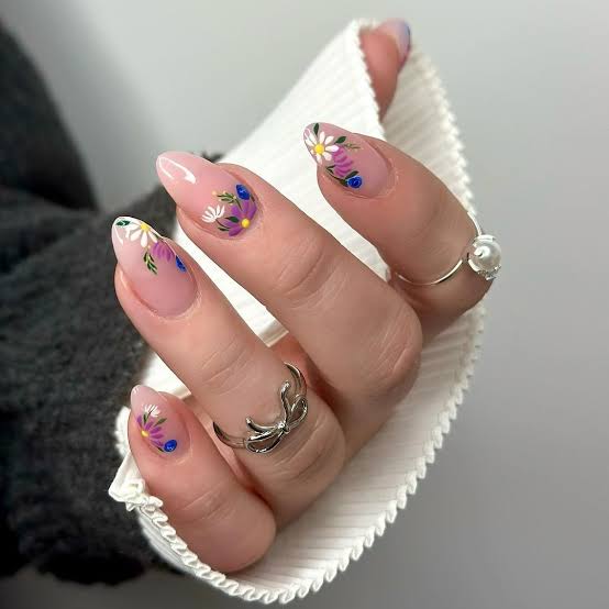 Medium Almond Sheer Pink Floral French Medium Almond Sheer Pink Floral French — Trendy Boho Nails