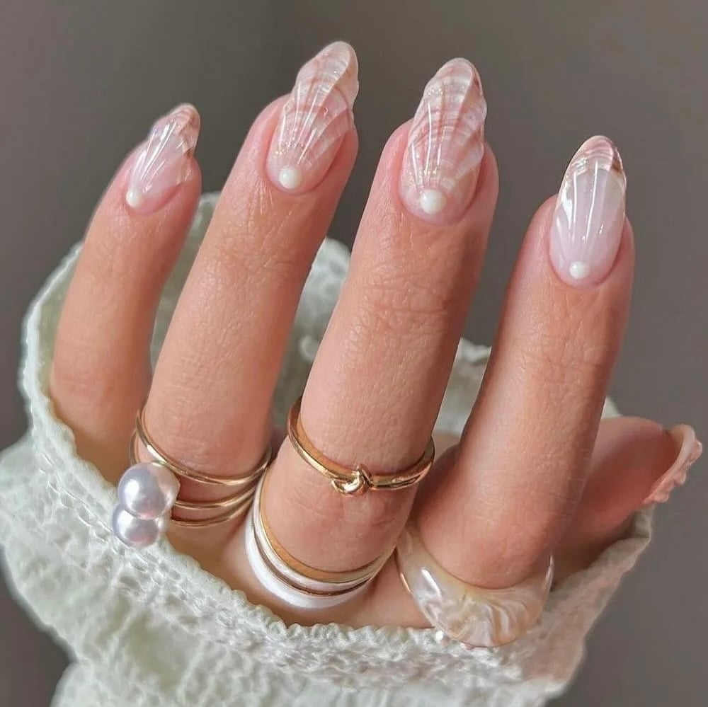 Long Almond Sheer Pink Seashell Dots Long Almond Sheer Pink Seashell Dots — Trendy Boho Nails