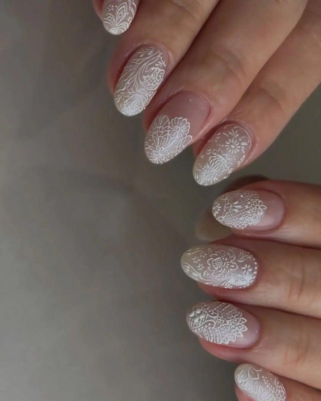 Medium Almond White Matte Lace Pattern Medium Almond White Matte Lace Pattern — Trendy Boho Nails