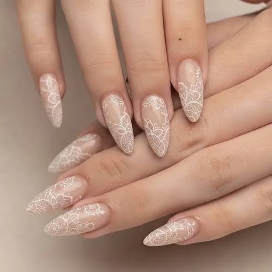 Medium Almond Sheer Nude White Lace Nails Medium Almond Sheer Nude White Lace Nails — Trendy Boho Nails