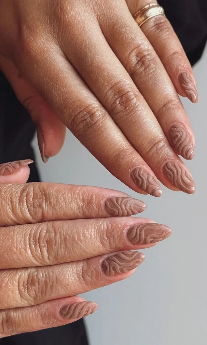 Medium Almond Matte Taupe Wavy Lines Medium Almond Matte Taupe Wavy Lines — Trendy Boho Nails