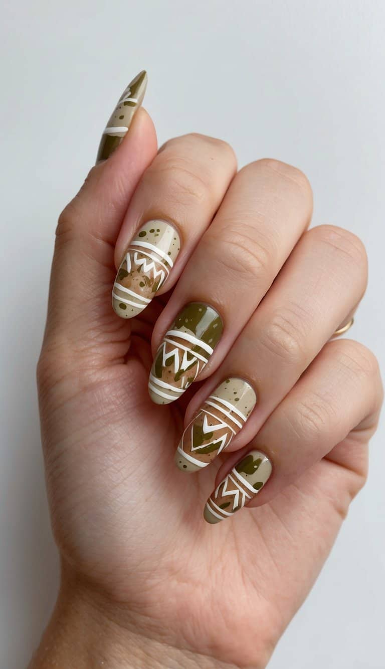 Medium Oval Earthy Tones with Geometric Patterns Medium Oval Earthy Tones with Geometric Patterns — Trendy Boho Nails