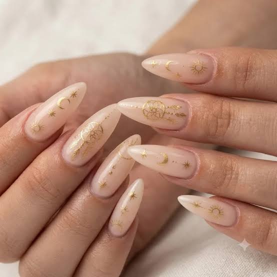 Long Stiletto Nude Celestial Gold Decals Long Stiletto Nude Celestial Gold Decals — Trendy Boho Nails