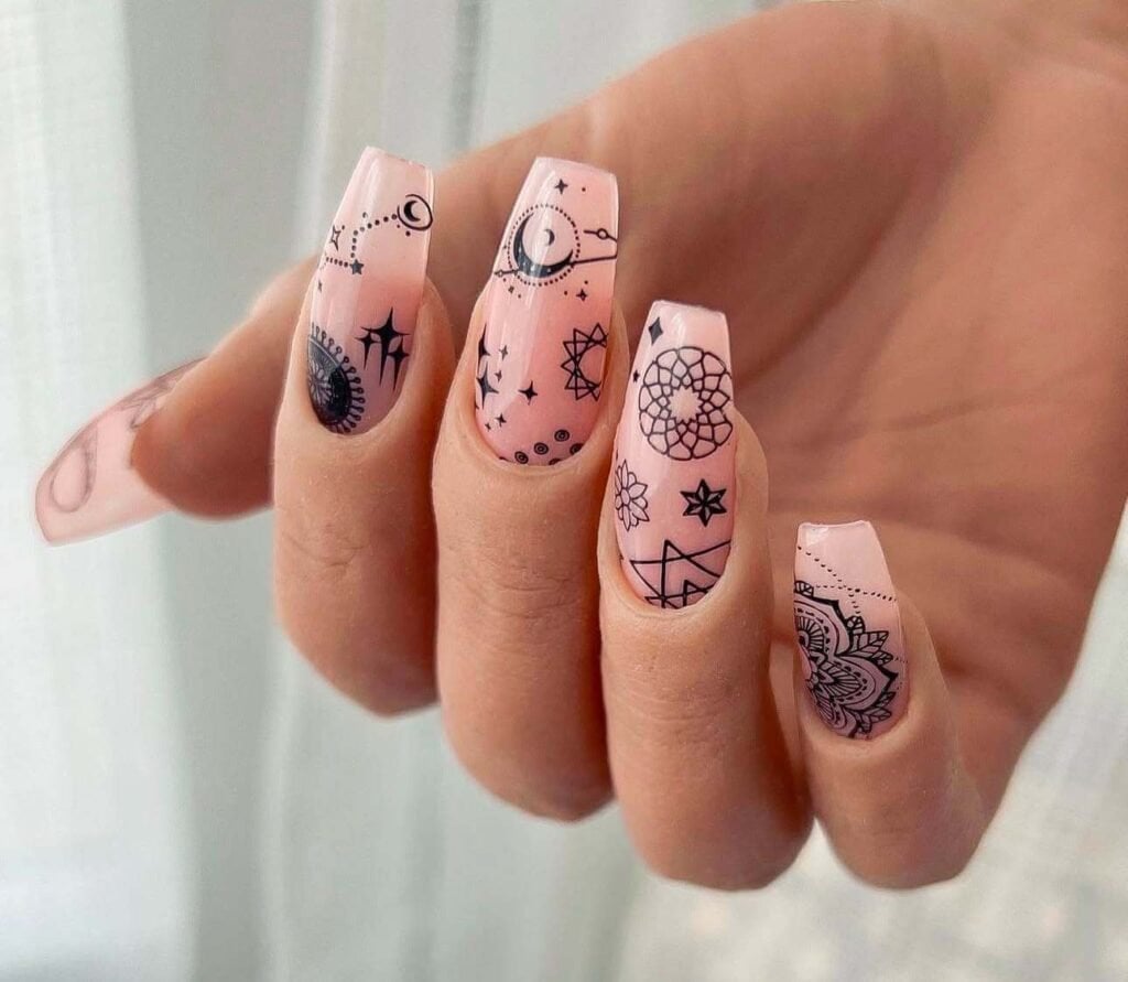 Long Coffin Black Line Art Mandala Nails Long Coffin Black Line Art Mandala Nails — Trendy Boho Nails