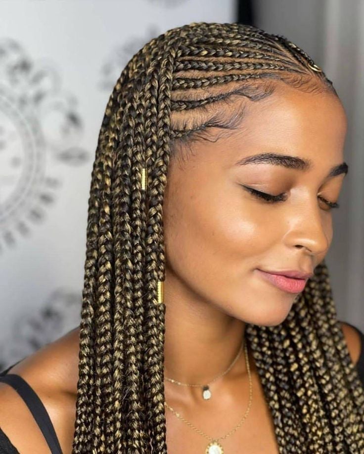 Mid-Back Knotless Box Braids With Blonde Highlights Mid-Back Knotless Box Braids With Blonde Highlights — Trendy Braids Wig
