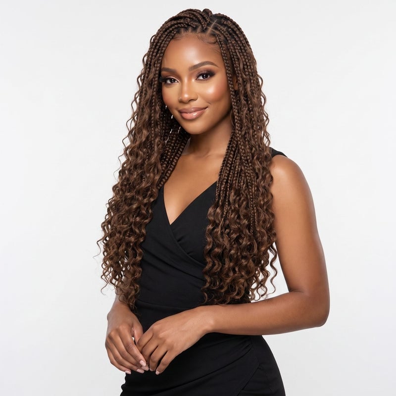 Medium Brown Box Braids With Curls Medium Brown Box Braids With Curls — Trendy Braids Wig