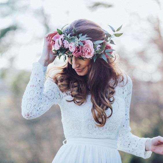 Medium Brown Mid-Back Loose Waves With Flower Crown — Trendy Bridal Hair