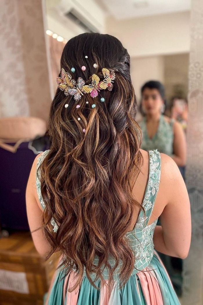Dark Brown Half Up Half Down With Butterflies, Mid-Back — Trendy Bridal Hair