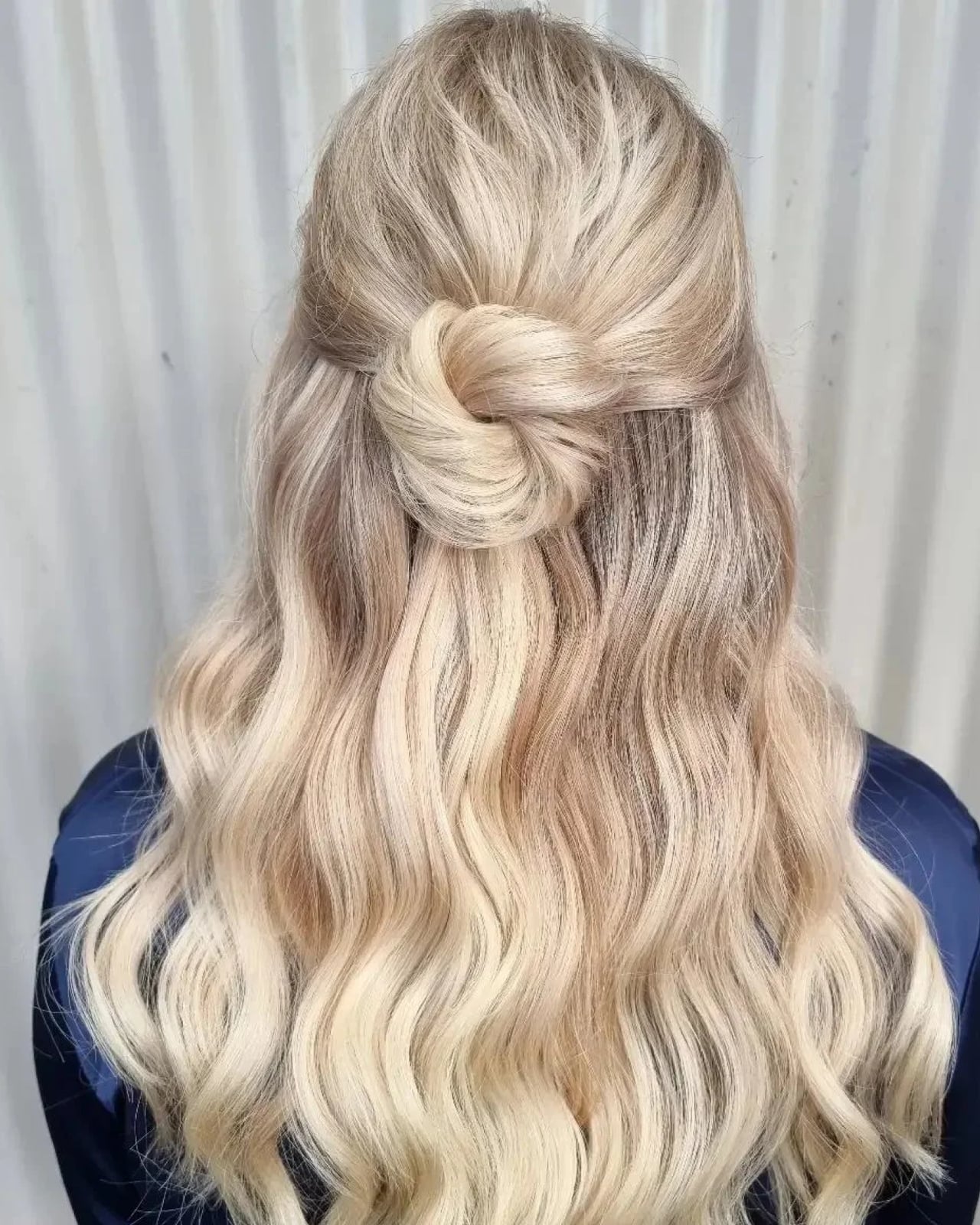 Blonde Balayage Half Up Half Down With Knot — Trendy Bridal Hair