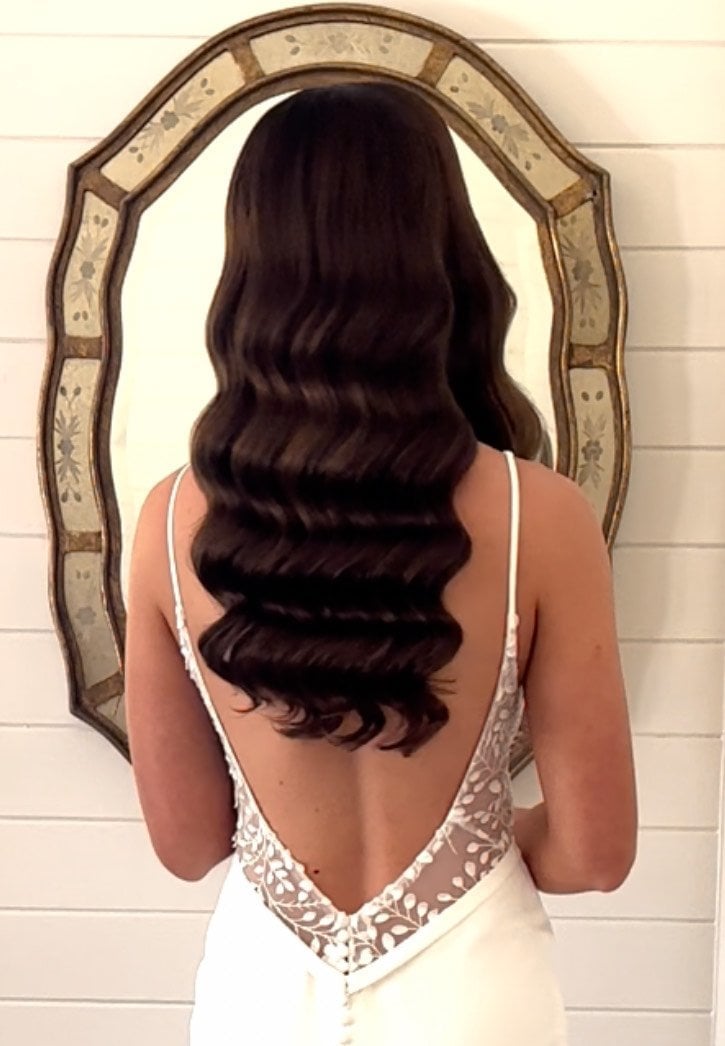 Dark Brown Mid-Back Hollywood Waves — Trendy Bridal Hair
