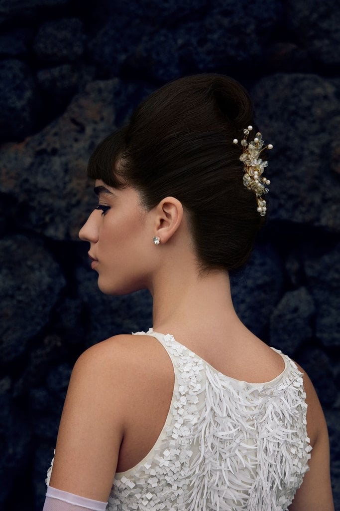 Dark Brown Voluminous Updo With Curtain Bangs — Trendy Bridal Hair