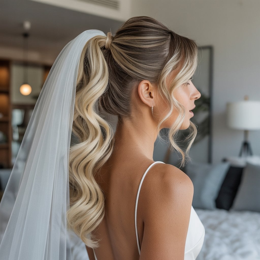 Blonde Balayage High Ponytail With Veil — Trendy Bridal Hair