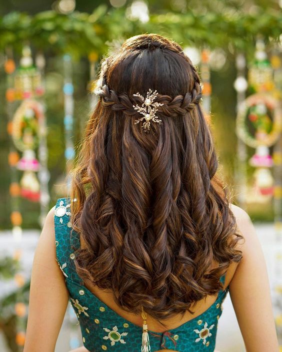 Dark Brown Half Up Half Down With Braids And Accessory — Trendy Bridal Hair