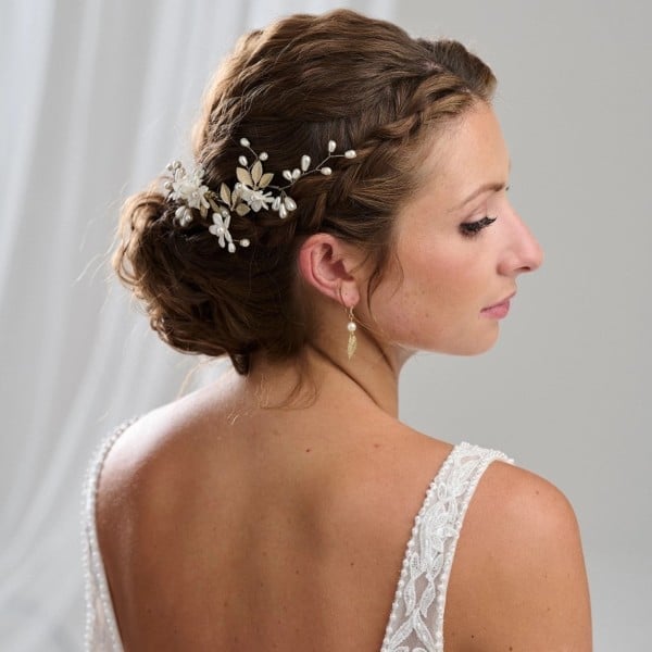 Textured Brunette Updo With Braids and Accessory — Trendy Bridal Hairstyles